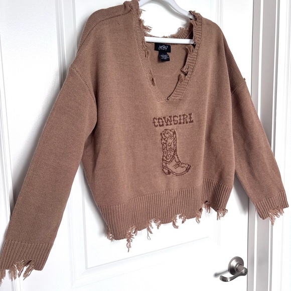 Just Polly Cowgirl Western Frayed Sweater Large - Picture 8 of 9